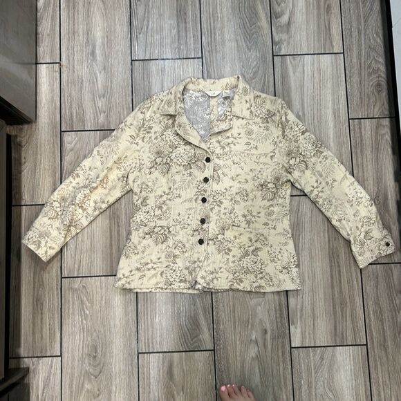 J Jill Womens Blazer Large Beige Floral Pockets Button Up Tapestry Church Office - Picture 1 of 12